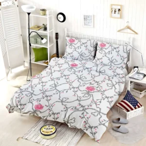 Grey Pattern Pink Flowers Bedding Set