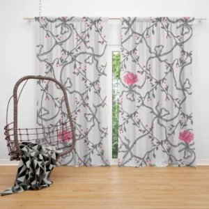 Grey Pattern Pink Flowers Curtain