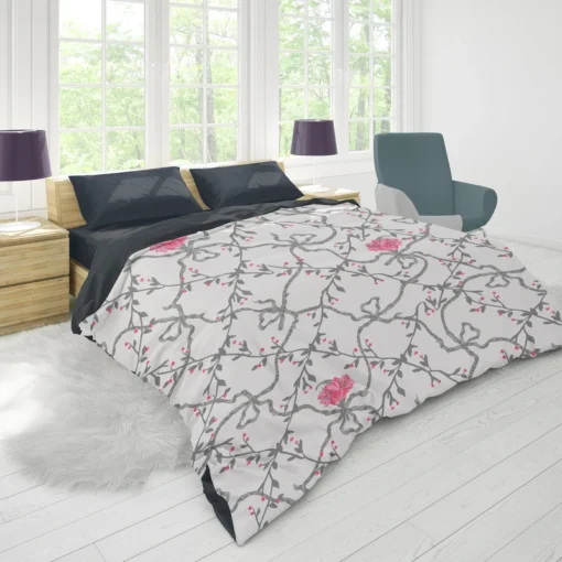 Grey Pattern Pink Flowers Duvet Cover 1