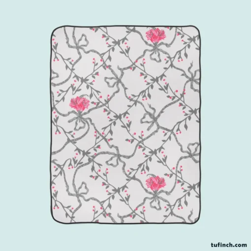 Grey Pattern Pink Flowers Fleece Blanket 1