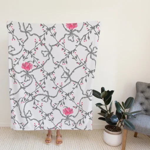 Grey Pattern Pink Flowers Fleece Blanket