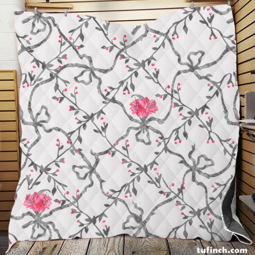 Grey Pattern Pink Flowers Quilt Blanket