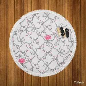 Grey Pattern Pink Flowers Round Beach Towel