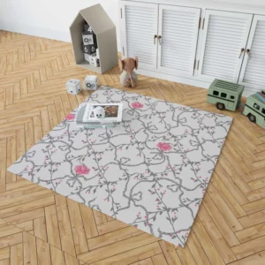 Grey Pattern Pink Flowers Rug 1