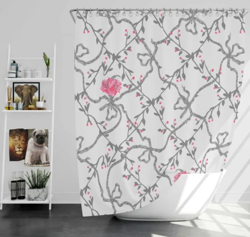 Grey Pattern Pink Flowers Shower Curtain