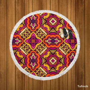 Gypsy Ethnic Floral Pattern With Doodle Design Round Beach Towel