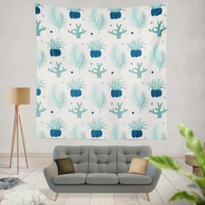 Hand Drawn Blue Coral Background Wall Tapestry