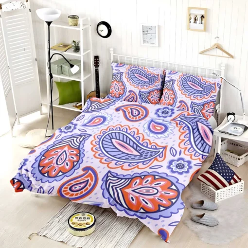 Hand Drawn Blue Orange Paisley Bedding Set