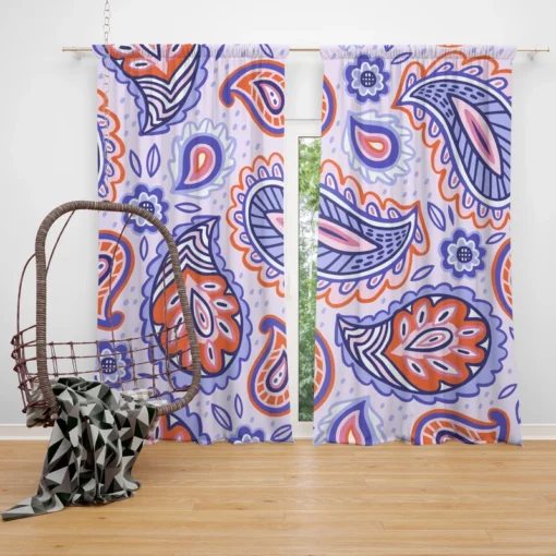 Hand Drawn Blue Orange Paisley Curtain