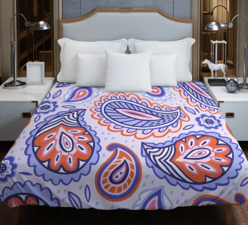 Hand Drawn Blue Orange Paisley Duvet Cover