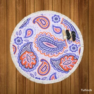 Hand Drawn Blue Orange Paisley Round Beach Towel