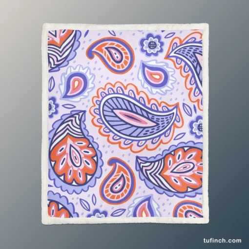 Hand Drawn Blue Orange Paisley Sherpa Fleece Blanket 1