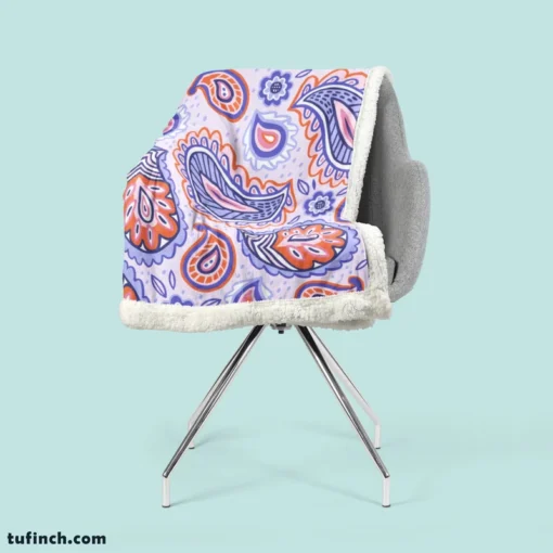 Hand Drawn Blue Orange Paisley Sherpa Fleece Blanket 2