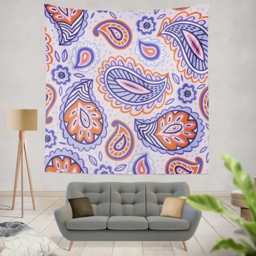 Hand Drawn Blue Orange Paisley Wall Tapestry