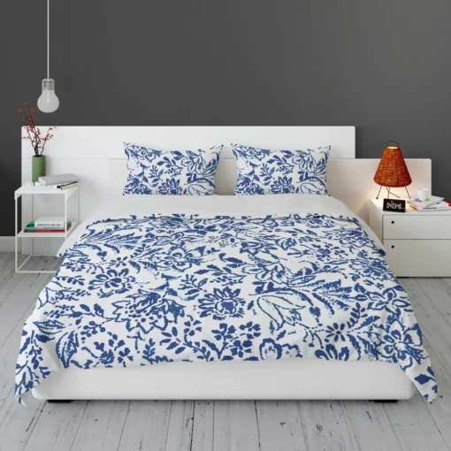 Hand Drawn Blue Toile Flowers Design Bedding Set 1