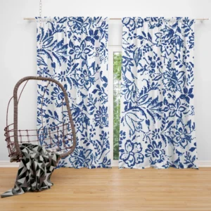 Hand Drawn Blue Toile Flowers Design Curtain