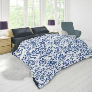 Hand Drawn Blue Toile Flowers Design Duvet Cover 1