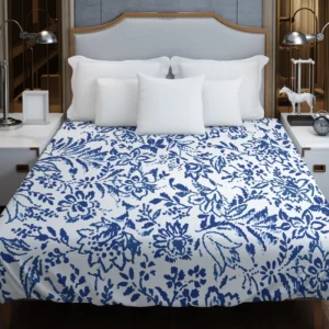 Hand Drawn Blue Toile Flowers Design Duvet Cover