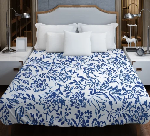 Hand Drawn Blue Toile Flowers Design Duvet Cover