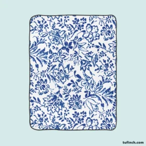 Hand Drawn Blue Toile Flowers Design Fleece Blanket 1