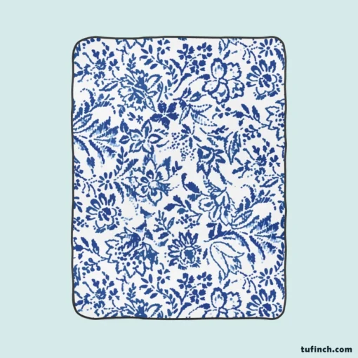 Hand Drawn Blue Toile Flowers Design Fleece Blanket 1