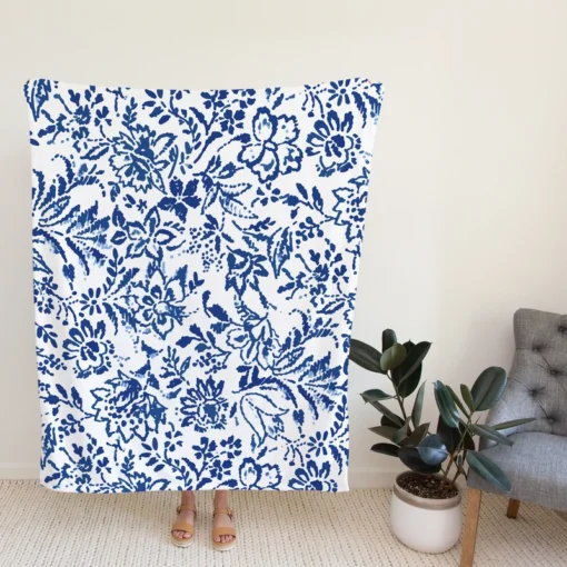 Hand Drawn Blue Toile Flowers Design Fleece Blanket