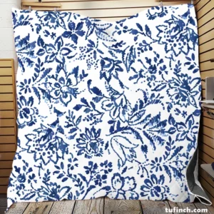 Hand Drawn Blue Toile Flowers Design Quilt Blanket