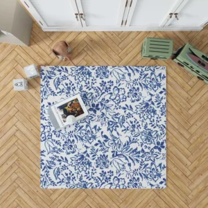 Hand Drawn Blue Toile Flowers Design Rug