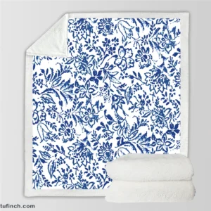 Hand Drawn Blue Toile Flowers Design Sherpa Fleece Blanket