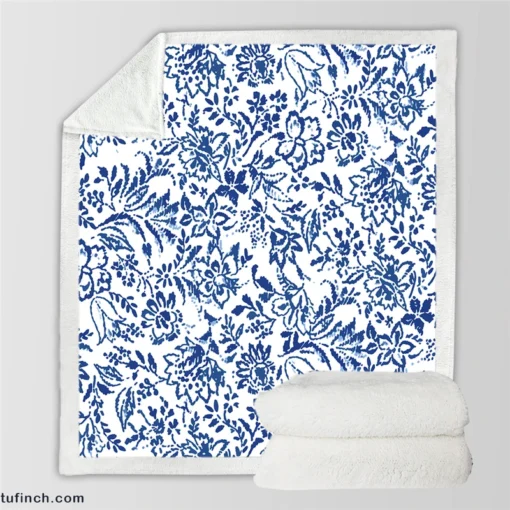 Hand Drawn Blue Toile Flowers Design Sherpa Fleece Blanket