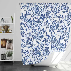 Hand Drawn Blue Toile Flowers Design Shower Curtain