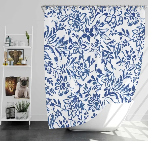 Hand Drawn Blue Toile Flowers Design Shower Curtain