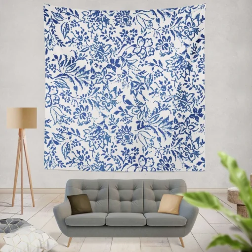 Hand Drawn Blue Toile Flowers Design Wall Tapestry