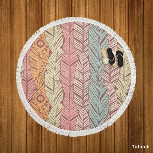 Hand Drawn Feather Pattern Round Beach Towel