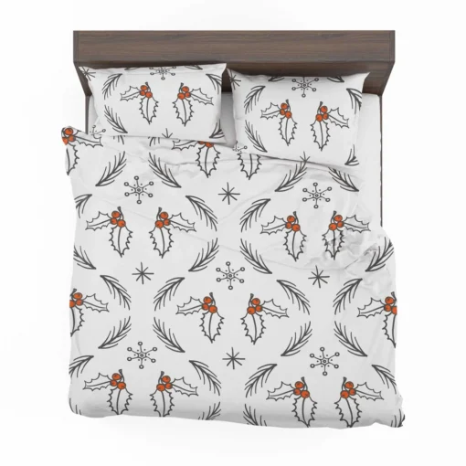 Hand Drawn Holly berry Ogee Pattern Snowflakes Bedding Set 2