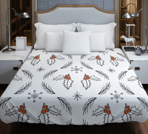 Hand Drawn Holly berry Ogee Pattern Snowflakes Duvet Cover