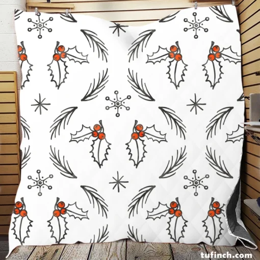 Hand Drawn Holly berry Ogee Pattern Snowflakes Quilt Blanket