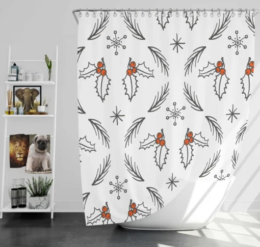 Hand Drawn Holly berry Ogee Pattern Snowflakes Shower Curtain