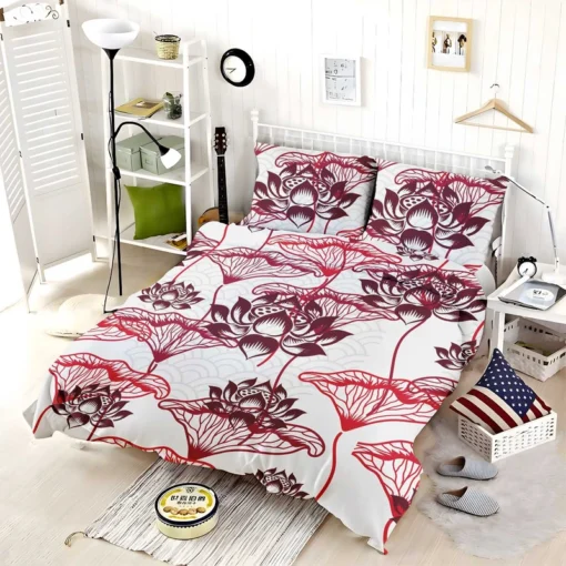 Hand Drawn Lotus Floral Pattern Bedding Set