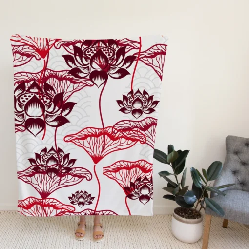 Hand Drawn Lotus Floral Pattern Fleece Blanket