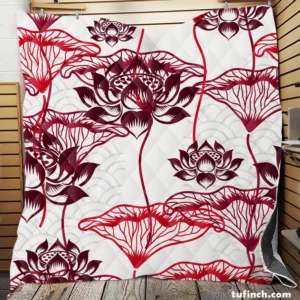 Hand Drawn Lotus Floral Pattern Quilt Blanket