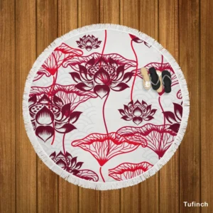 Hand Drawn Lotus Floral Pattern Round Beach Towel