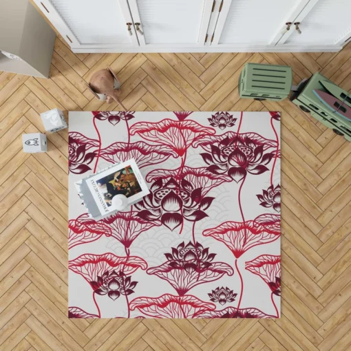 Hand Drawn Lotus Floral Pattern Rug