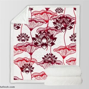 Hand Drawn Lotus Floral Pattern Sherpa Fleece Blanket