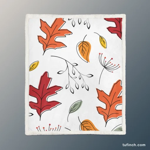 Hand Drawn Oak Leaves Sherpa Fleece Blanket 1