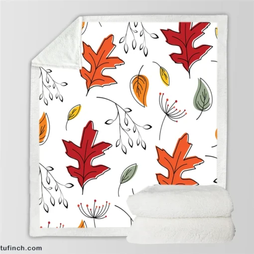 Hand Drawn Oak Leaves Sherpa Fleece Blanket