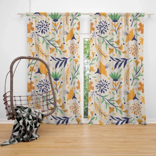 Hand Drawn Pattern with Orange Little Flowers Curtain