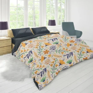 Hand Drawn Pattern with Orange Little Flowers Duvet Cover 1