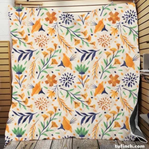 Hand Drawn Pattern with Orange Little Flowers Quilt Blanket