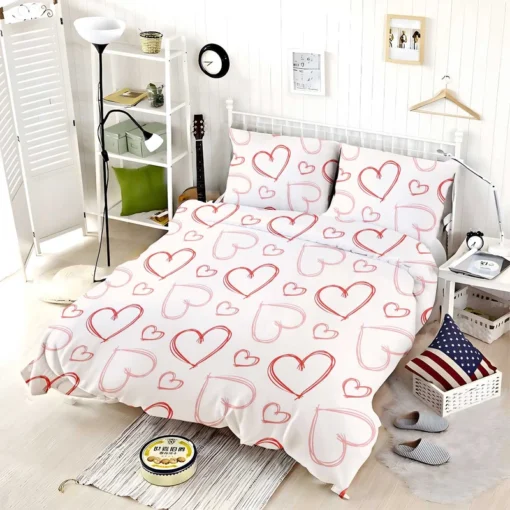 Hand Drawn Red Pink Hearts Bedding Set